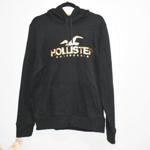 Men's Black and Gold Hollister Pullover Hoodie with Kangaroo Pockets Size M